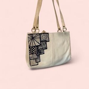 White Leather Handbag With Hand Drawn Design